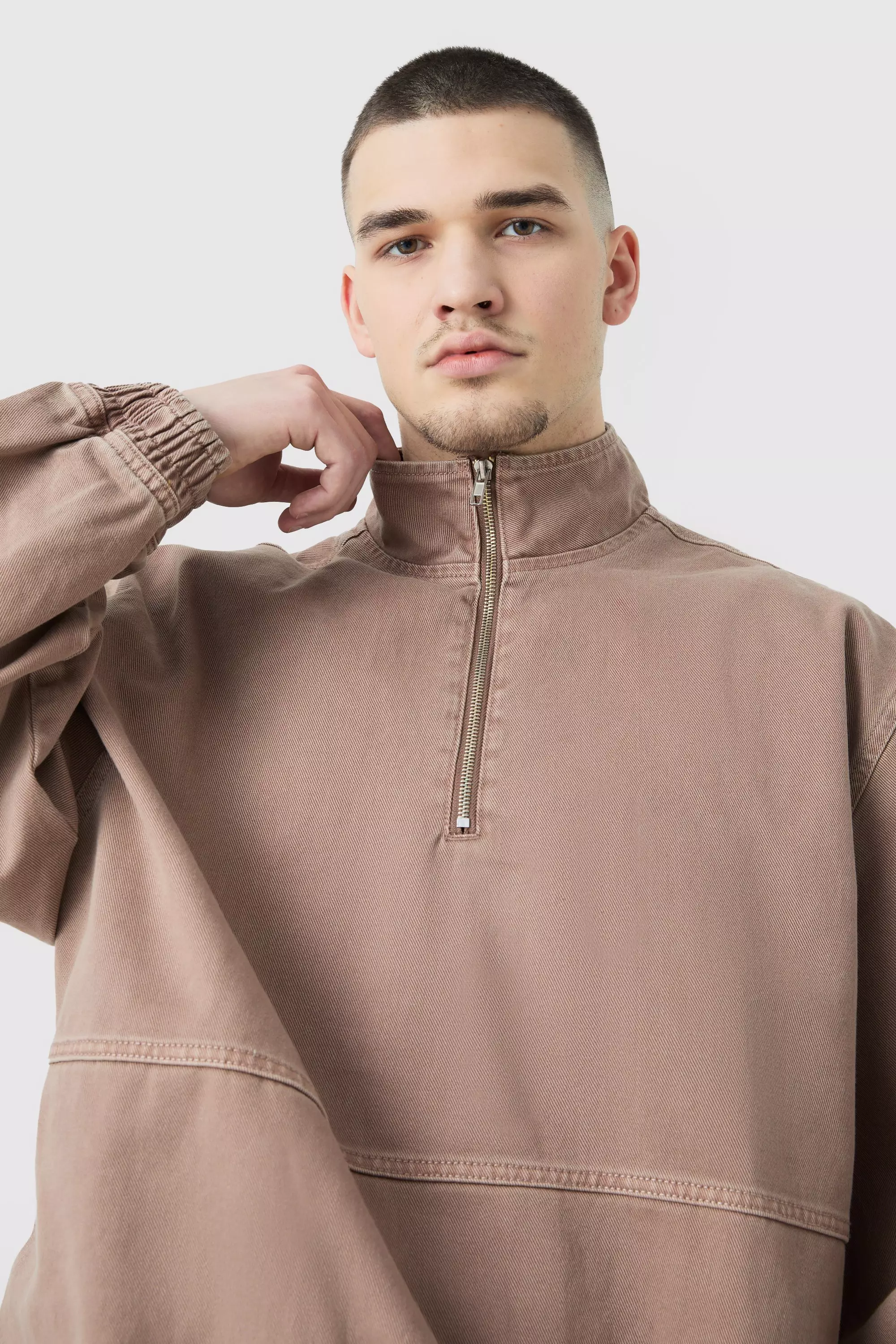 Tall Overdyed Oversized Funnel Neck 1/4 Zip Jacket Brown
