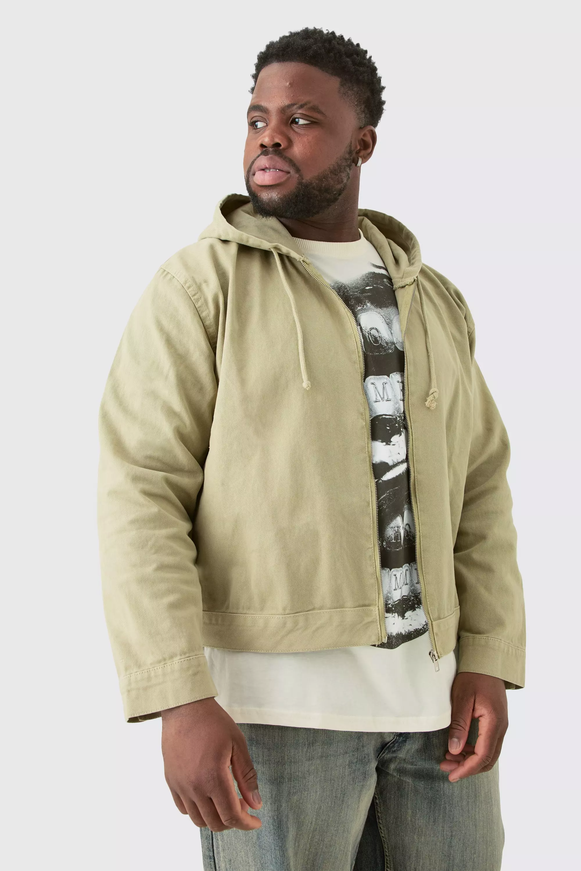 Sage Green Plus Overdyed Denim Zip Through Hoodie