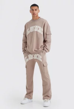 Luxe Graphic Cargo Pocket Gusset Tracksuit Stone