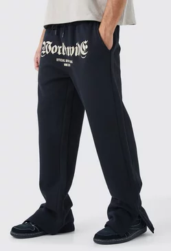 Worldwide Crotch Print Split Hem Gusset Sweatpants Black