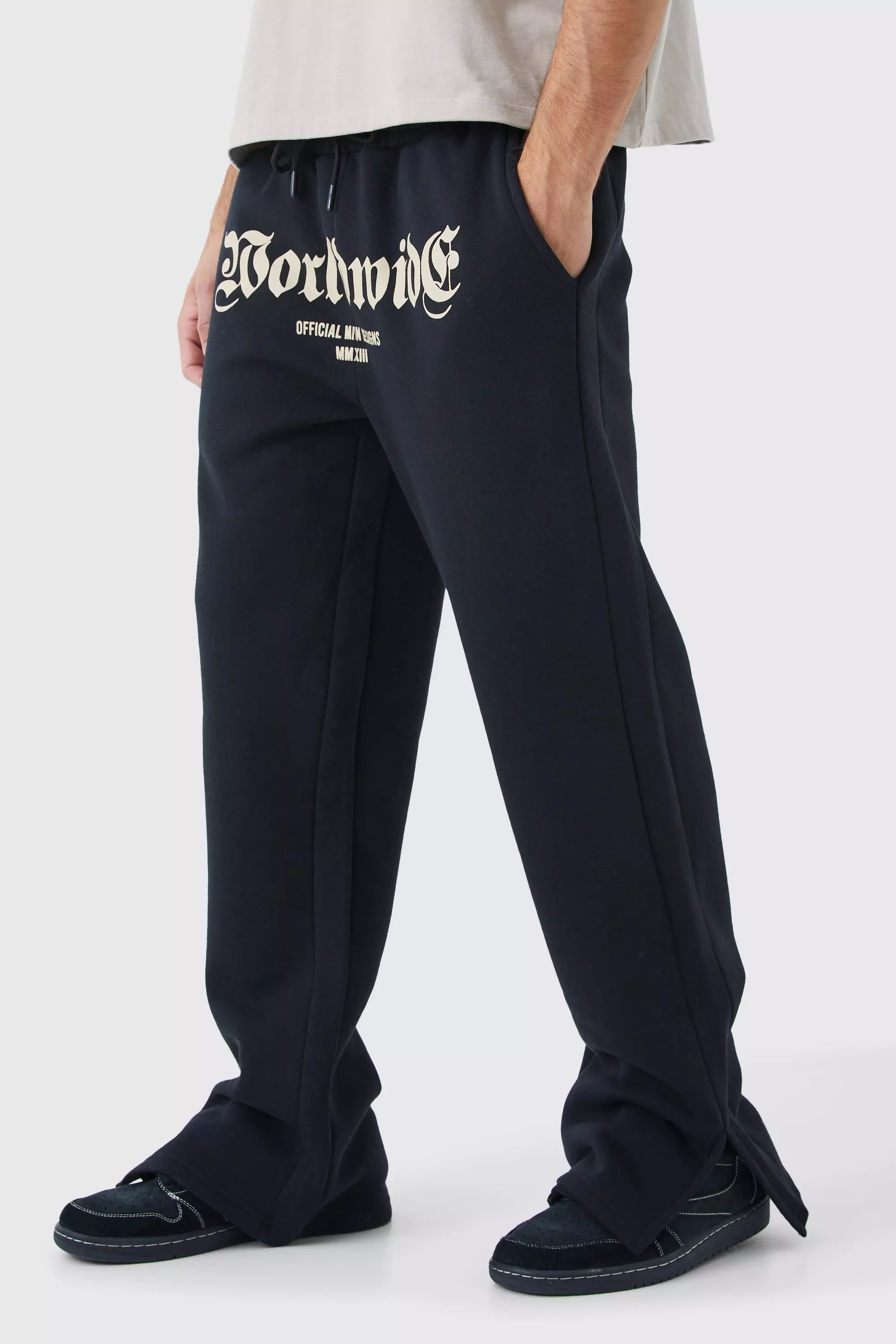 Worldwide Crotch Print Split Hem Gusset Sweatpants Black