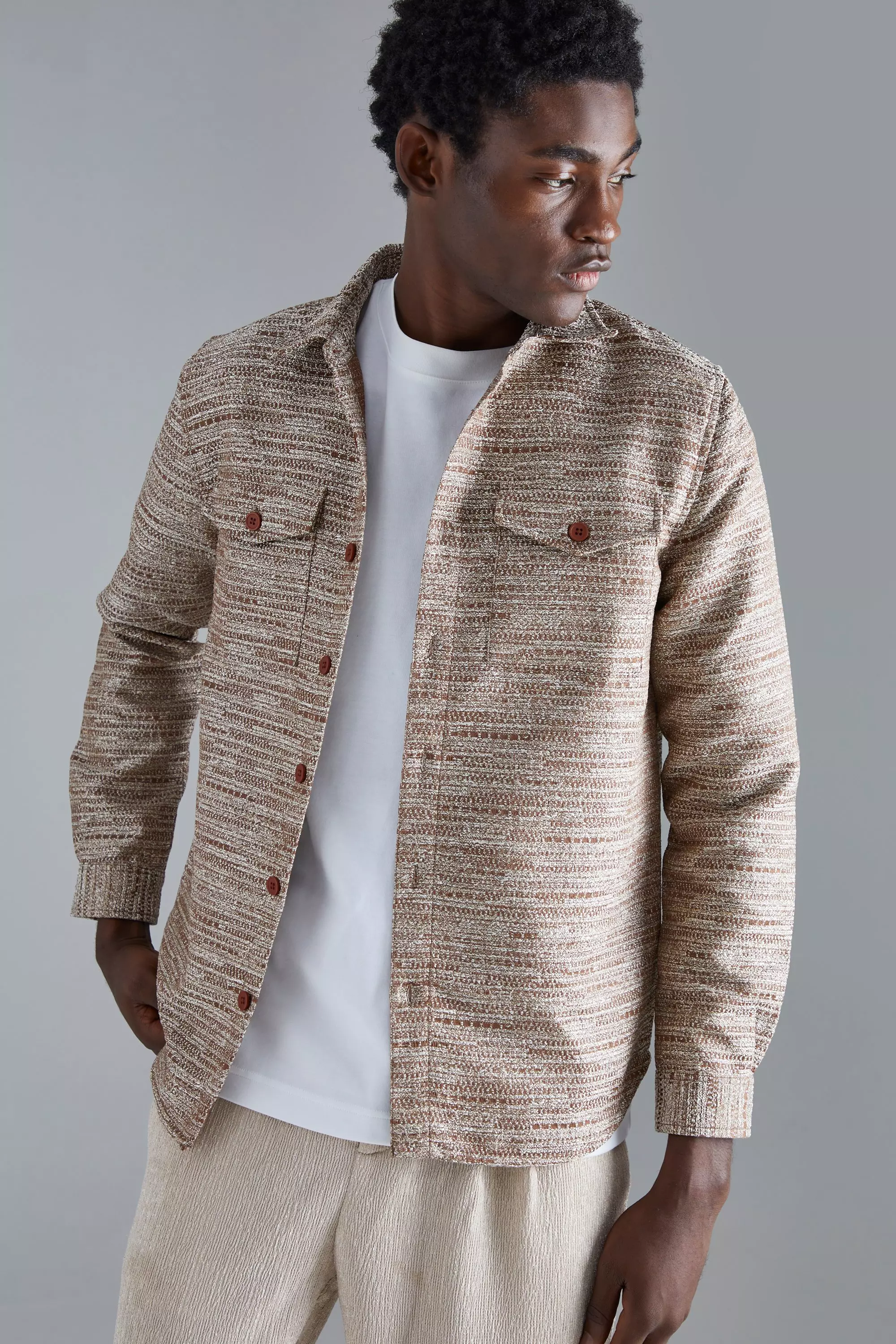 Boucle Heavyweight Patch Pocket Overshirt Brown