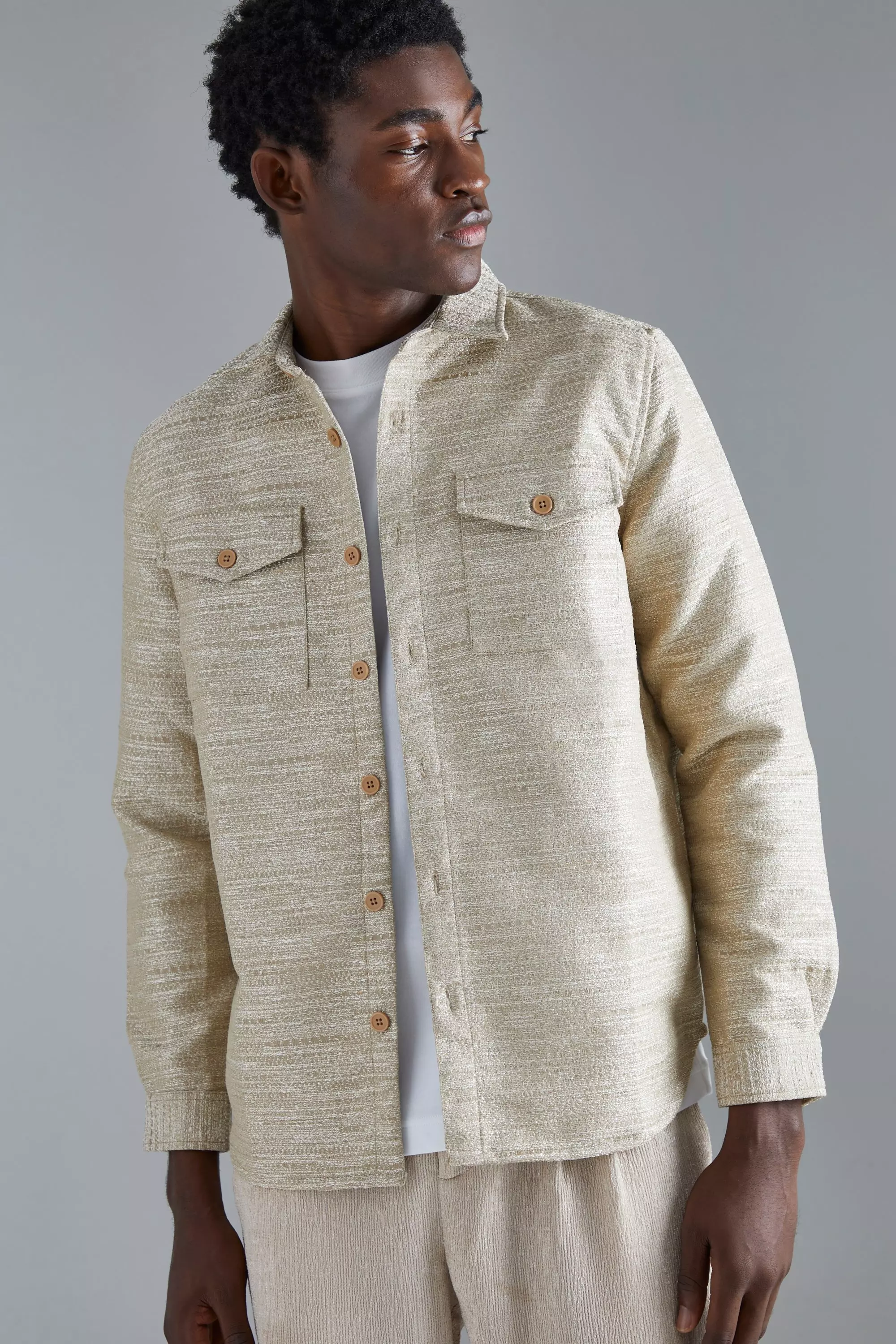 Stone Boucle Heavyweight Patch Pocket Overshirt alternative image