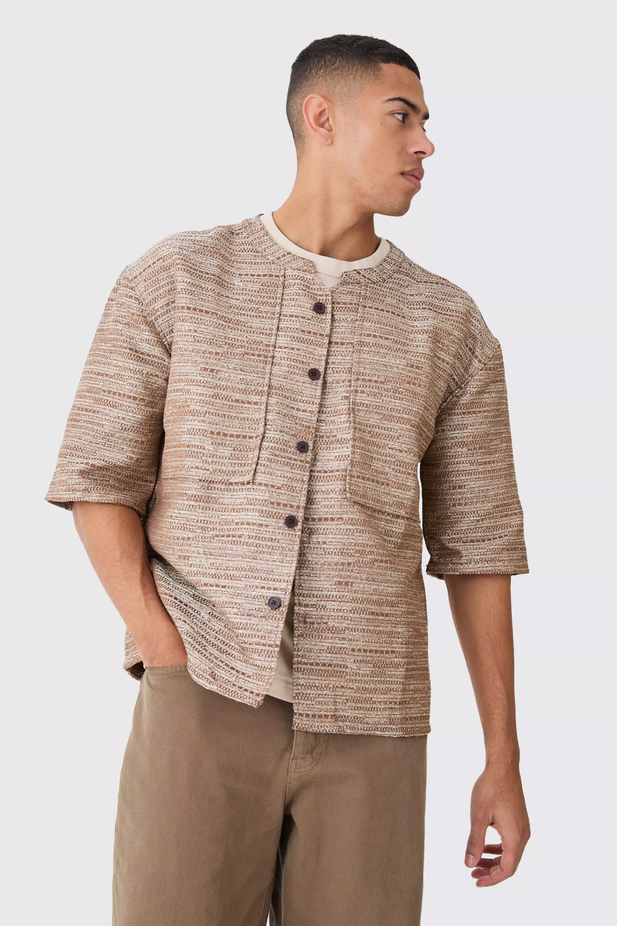 Collarless Drop Shoulder Oversized Boucle Shirt Brown