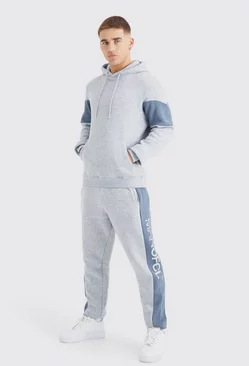 Man Ofcl Slim Colour Block Hooded Tracksuit Grey marl