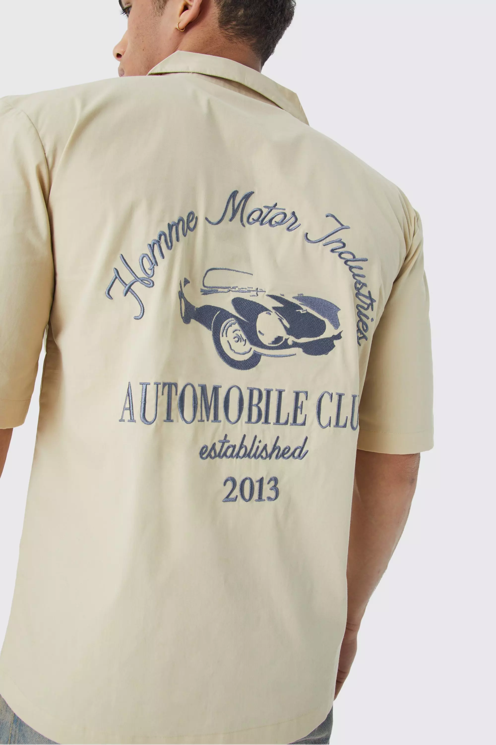 Dropped Revere Poplin Automobile Club Shirt Stone
