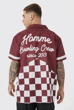 Short Sleeve Poplin Oversized Checkerboard Bowling Shirt Burgundy