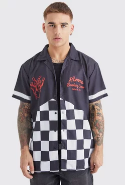 Short Sleeve Poplin Oversized Checkerboard Bowling Shirt Black