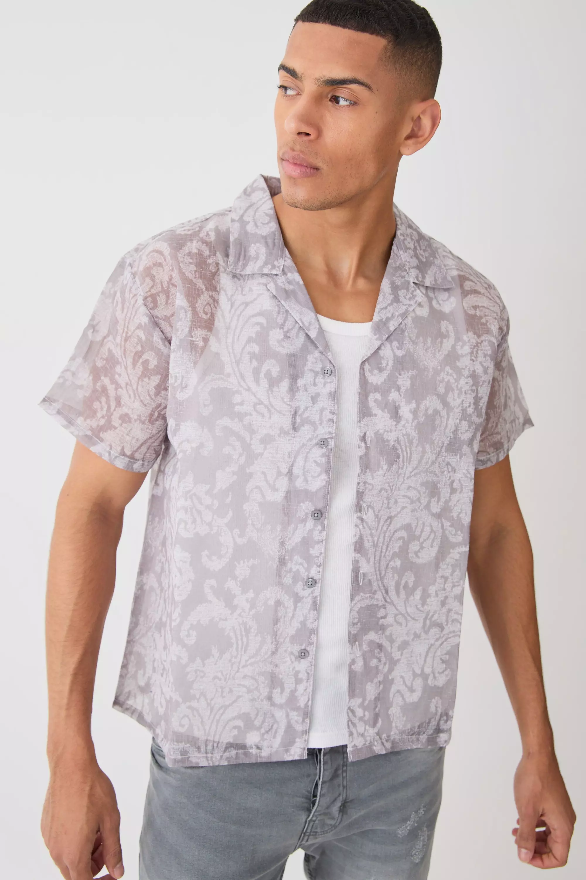Short Sleeve Boxy Baroque Sheer Shirt Grey