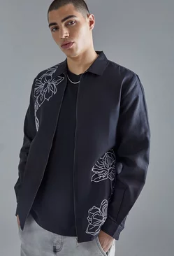 Black Long Sleeve Poplin Tonal Embroidery Zip Shirt