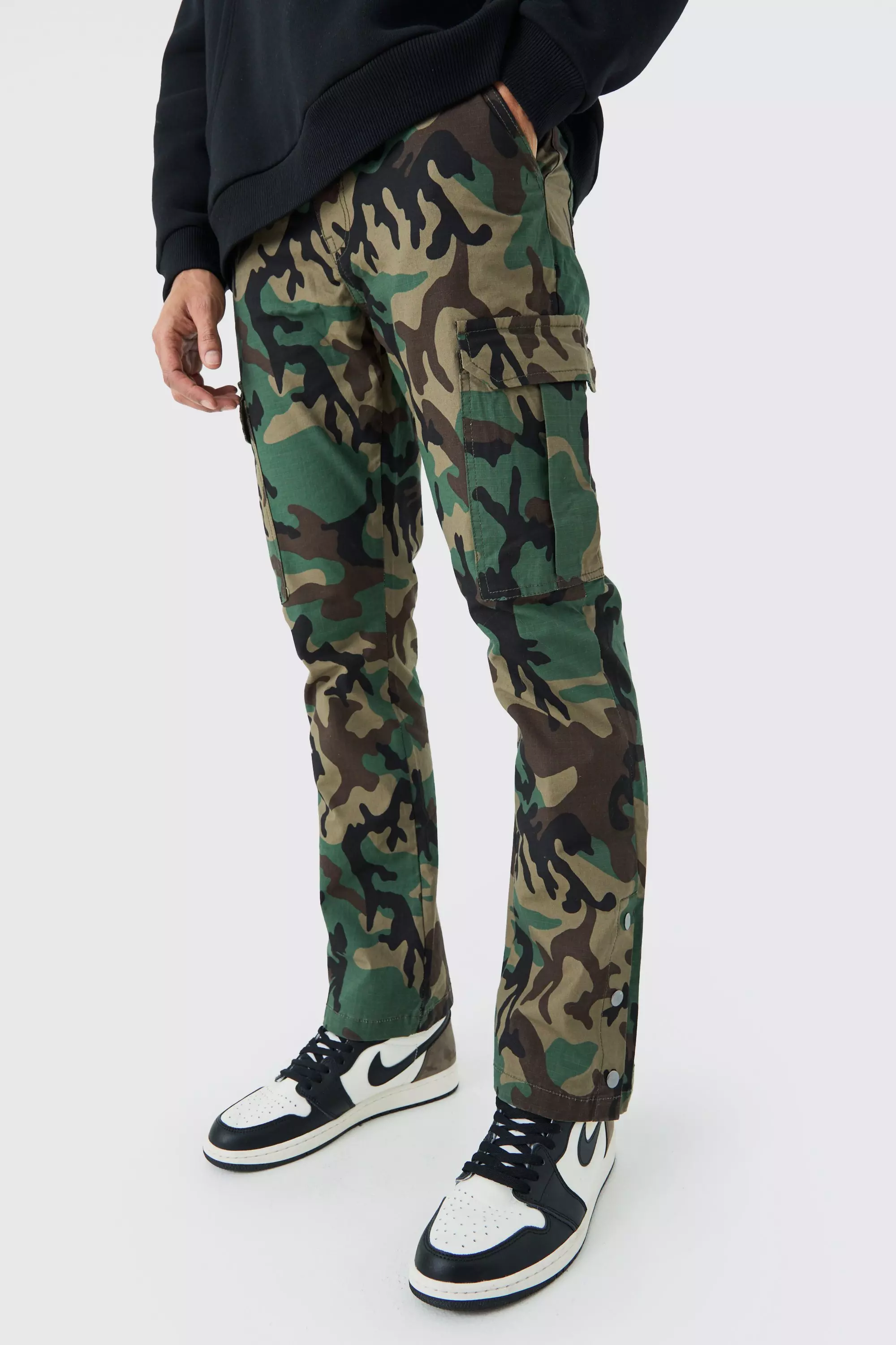 Khaki Slim Flare Ripstop Camo Cargo Pants With Popper Hem