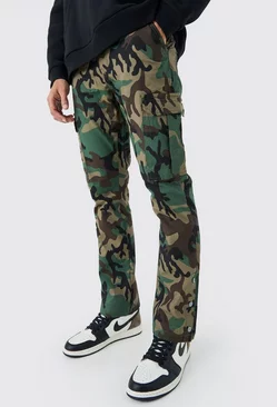 Khaki Slim Flare Ripstop Camo Cargo Trouser With Popper Hem
