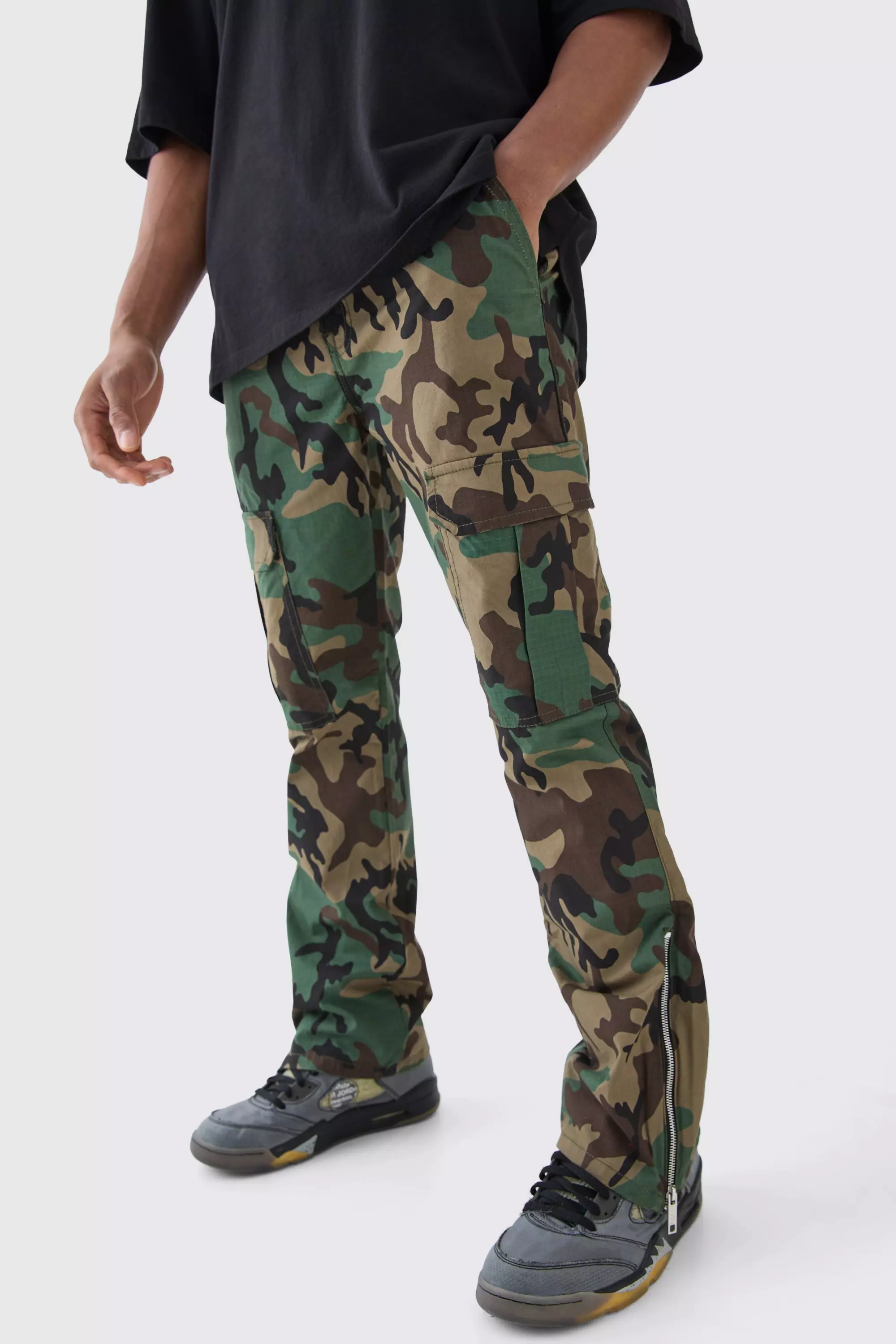 Khaki Slim Flare Ripstop Camo Cargo Pants With Zip Gusset