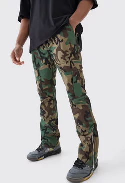Khaki Slim Flare Ripstop Camo Cargo Trouser With Zip Gusset