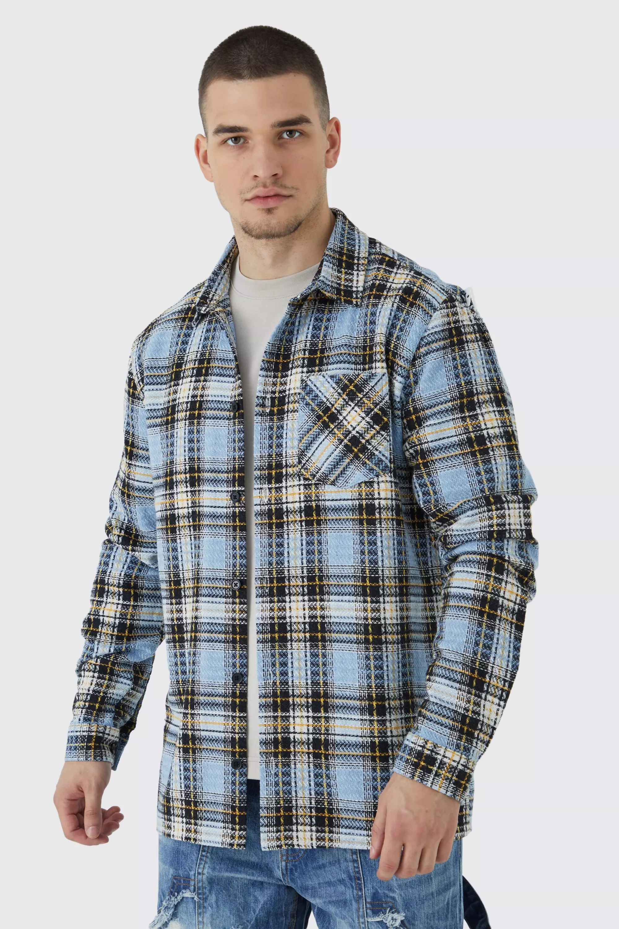 Tall Long Sleeve Textured Check Overshirt White