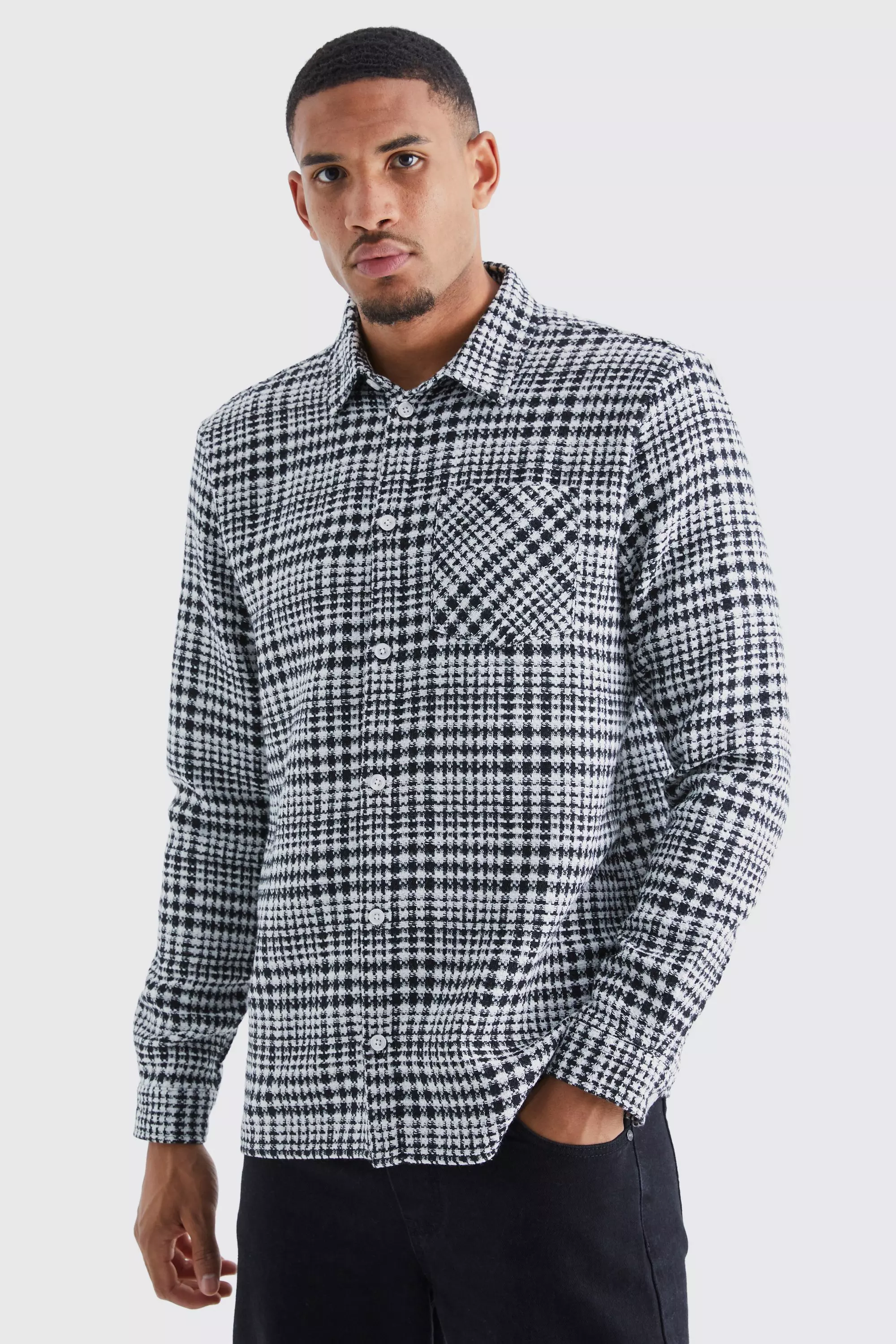 Tall Long Sleeve Textured Check Overshirt Black