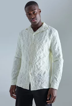 Long Sleeve Floral Textured Shirt White