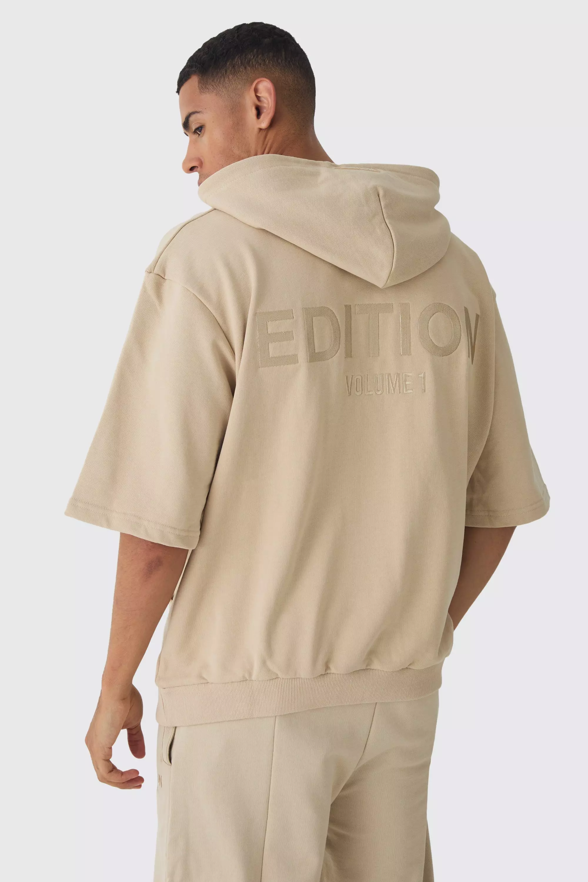 Sweat à capuche oversize épais à manches courtes, Stone autre image
