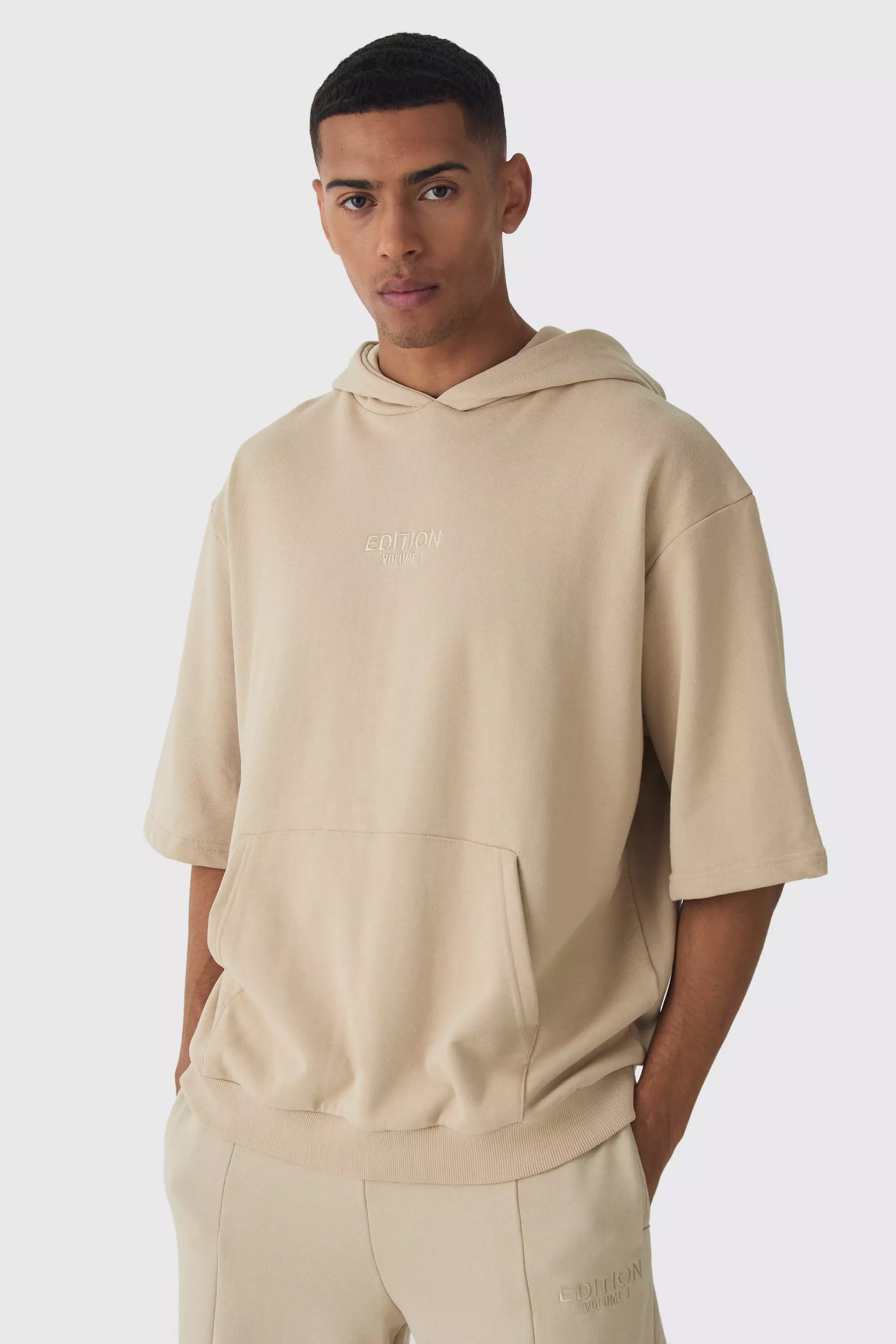 Sweat à capuche oversize épais à manches courtes, Stone autre image