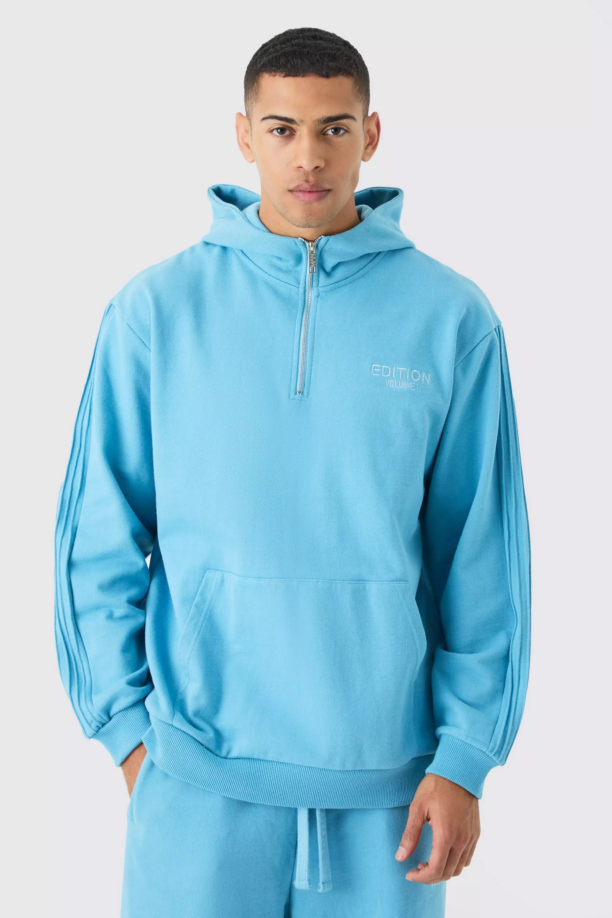 EDITION Oversized Heavyweight 1/4 Zip Pintuck Hoodie Blue