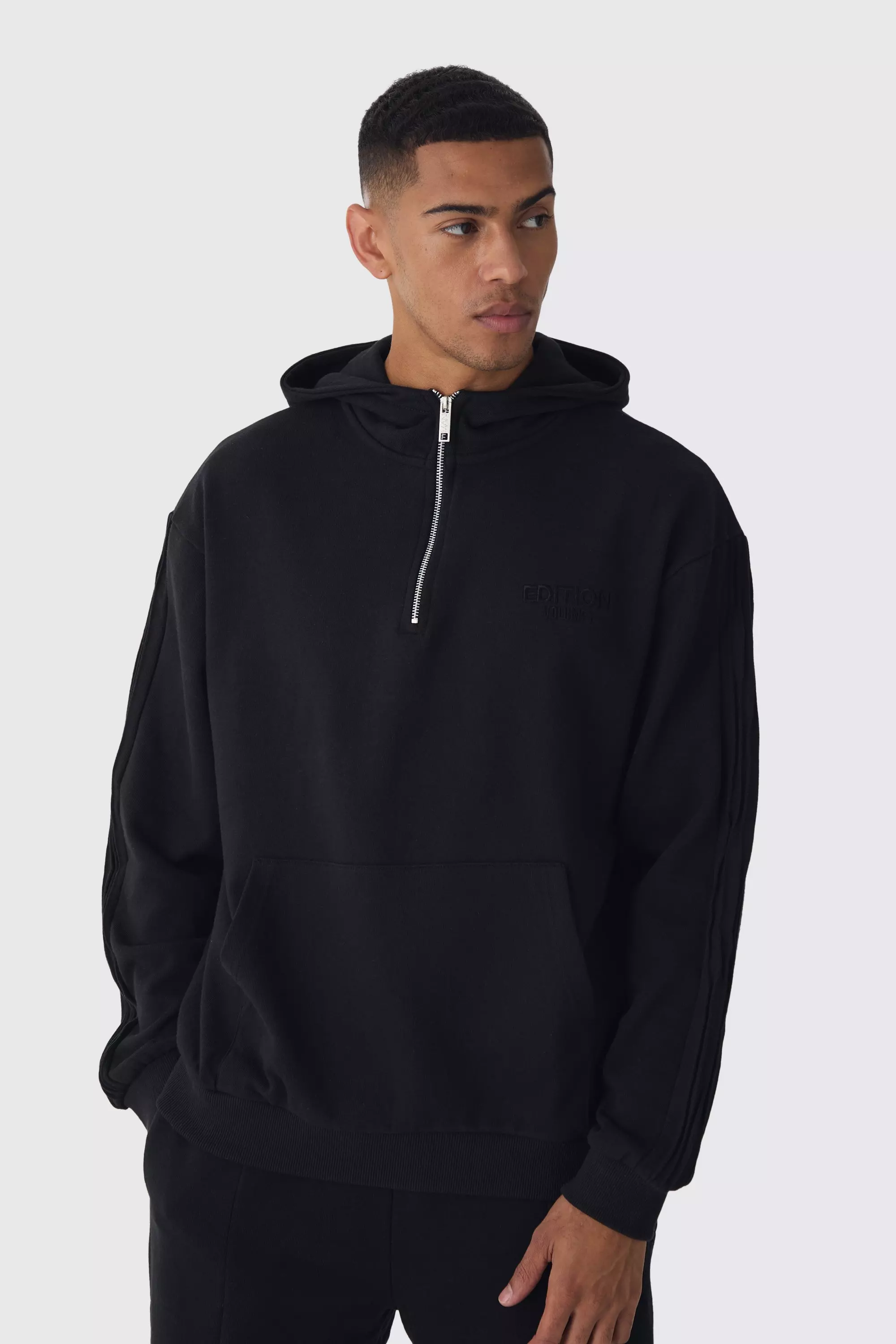 Oversized Heavyweight 1/4 Zip Pintuck Hoodie Black