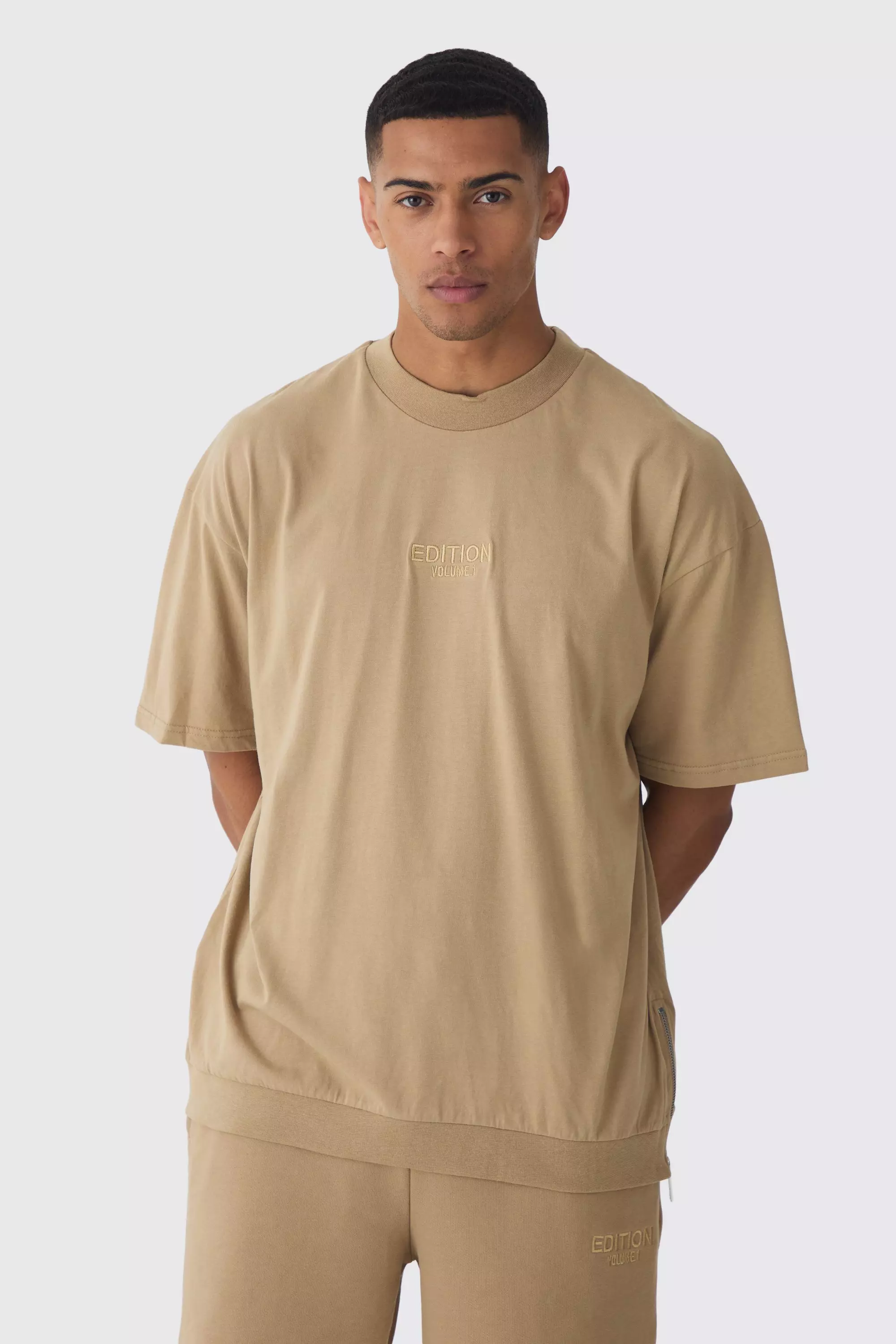 Oversized Heavyweight Zip Hem T-shirt Taupe