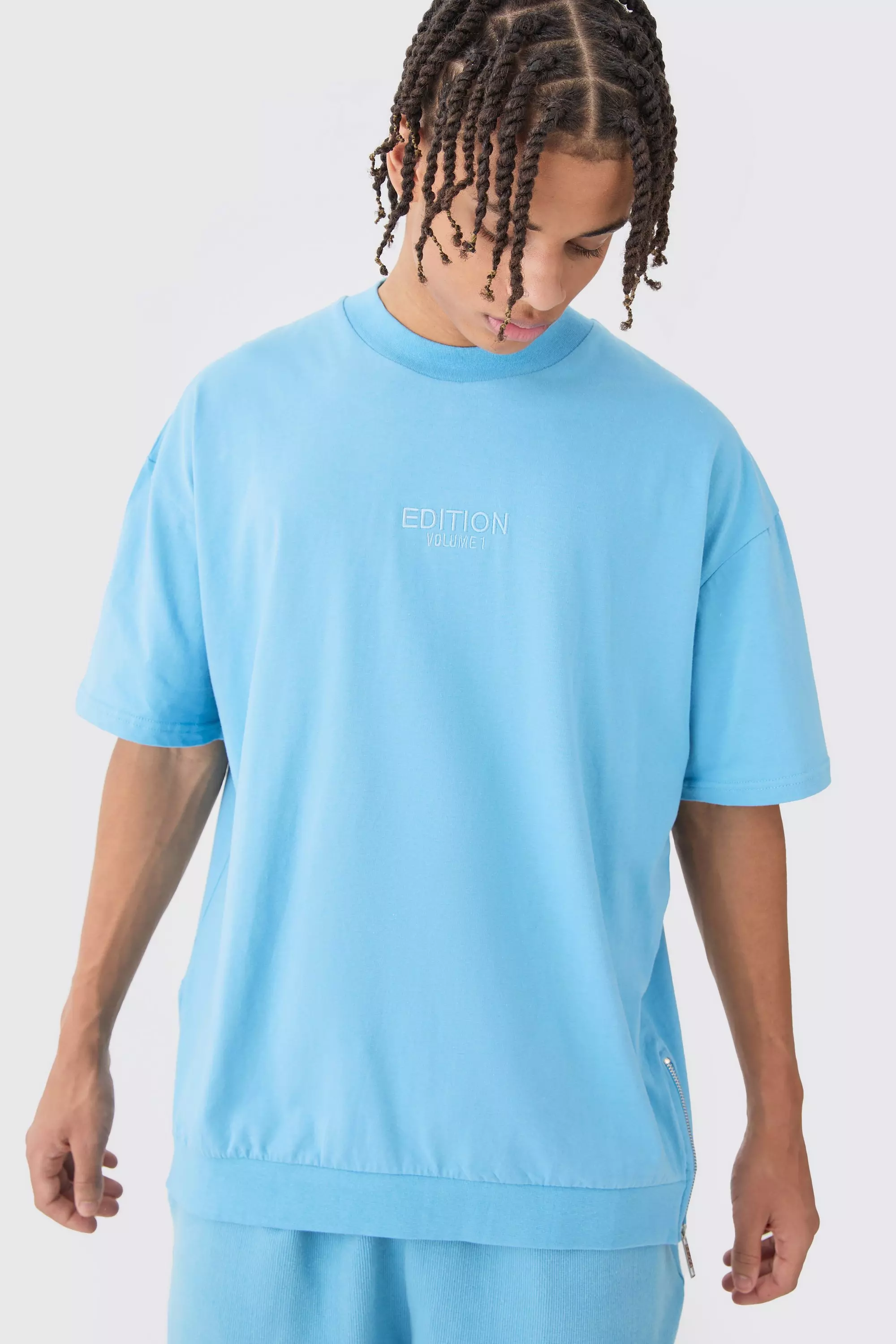 Blue Oversized Heavyweight Zip Hem T-shirt