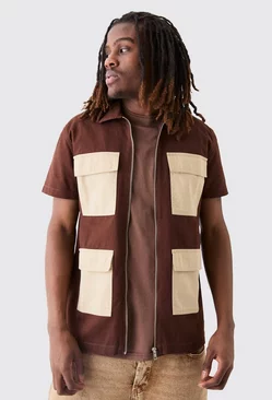 Short Sleeve Contrast Pocket Twill Shirt Brown