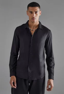 Black Plain Viscose Long Sleeve Shirt
