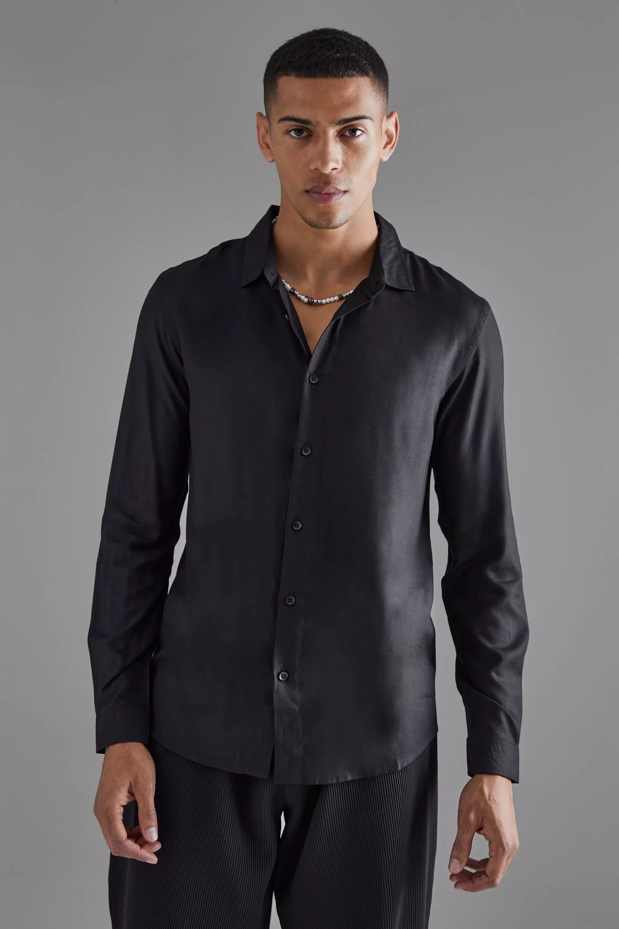 Plain Viscose Long Sleeve Shirt Black