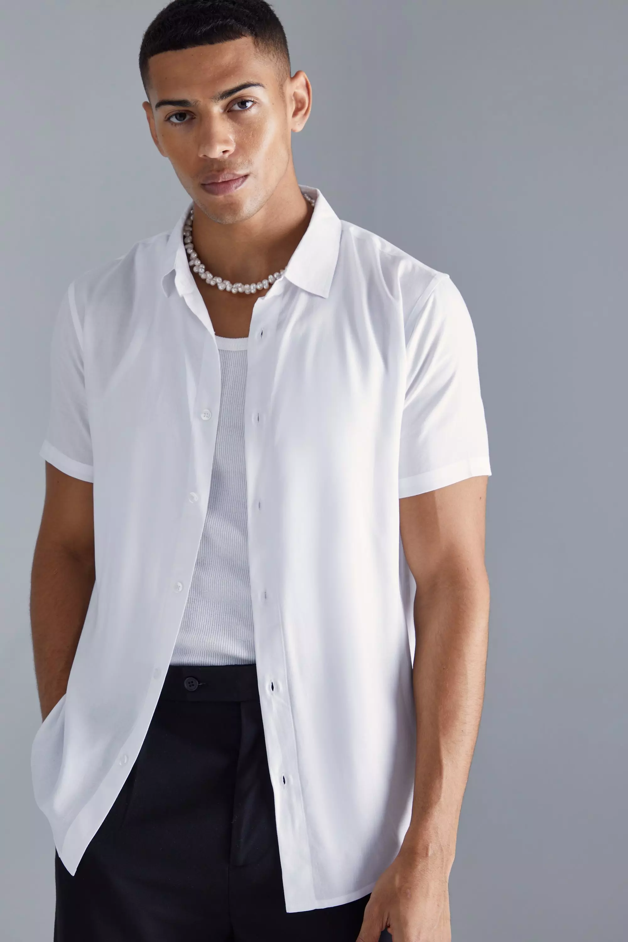 Plain Viscose Short Sleeve Shirt White