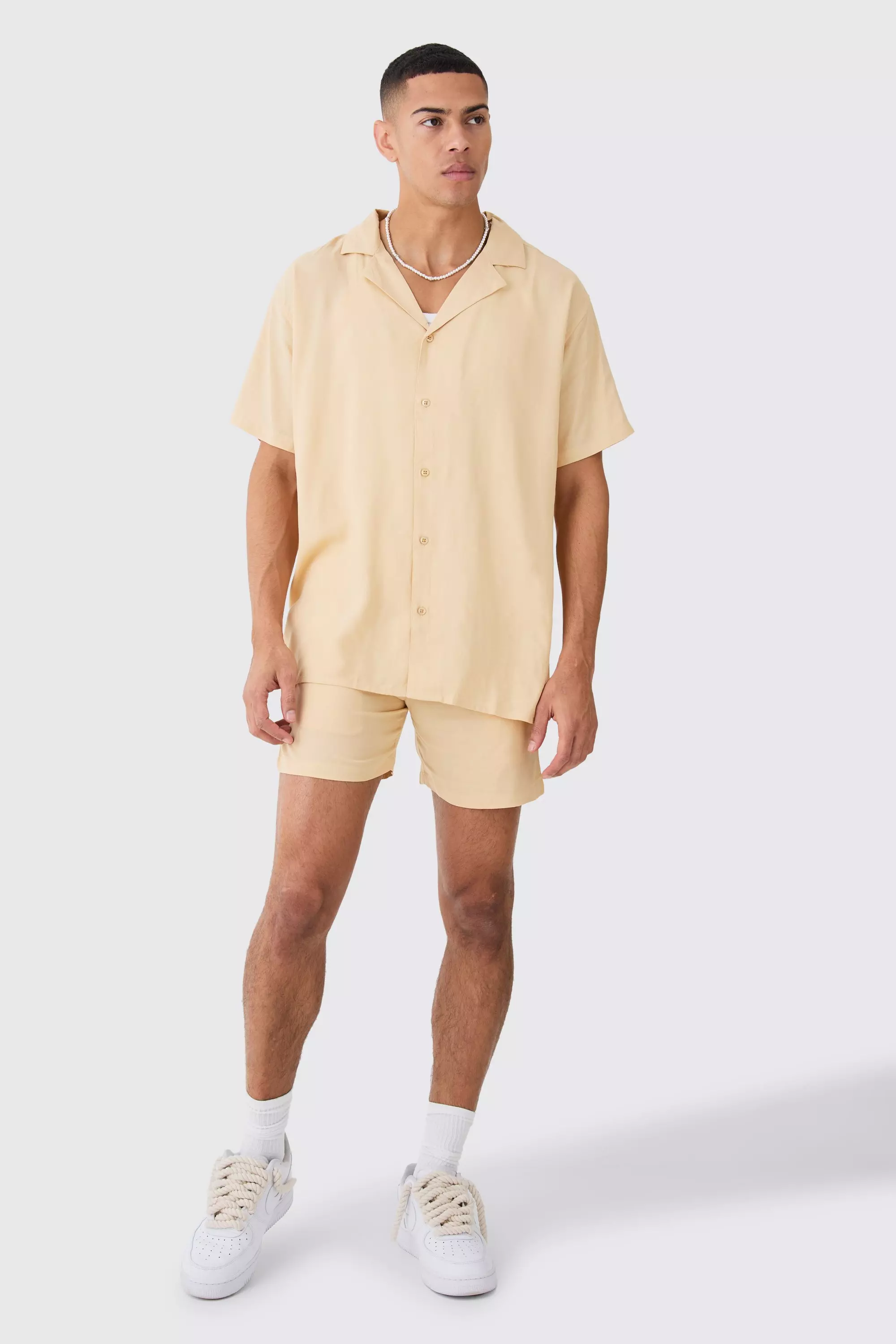 Taupe Beige Plain Viscose Oversized Shirt And Short