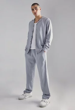 Grey Plain Viscose Long Sleeve Shirt And Trouser