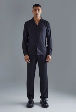 Plain Viscose Long Sleeve Shirt And Trouser Black
