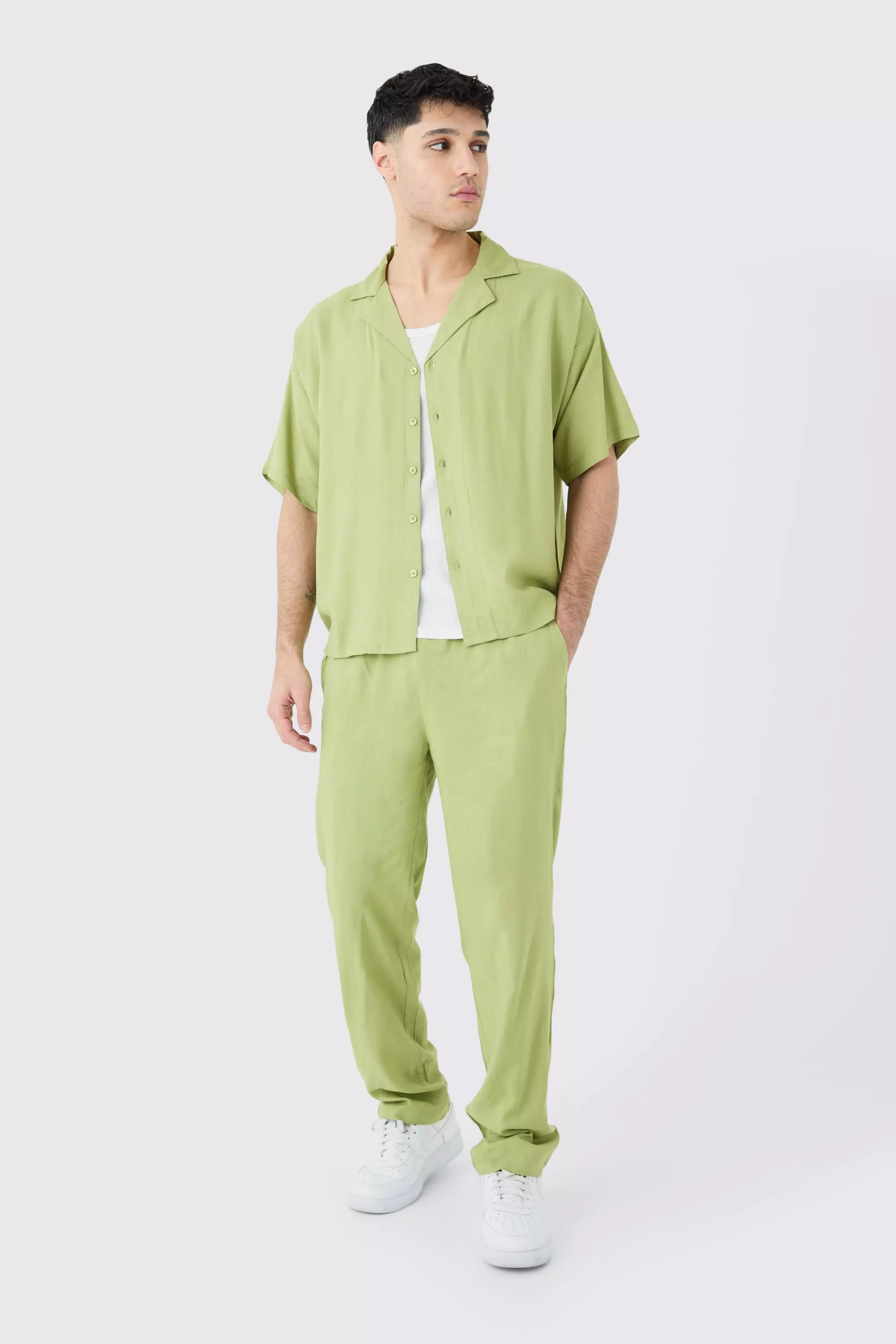 Sage Green Plain Viscose Boxy Shirt And Trouser