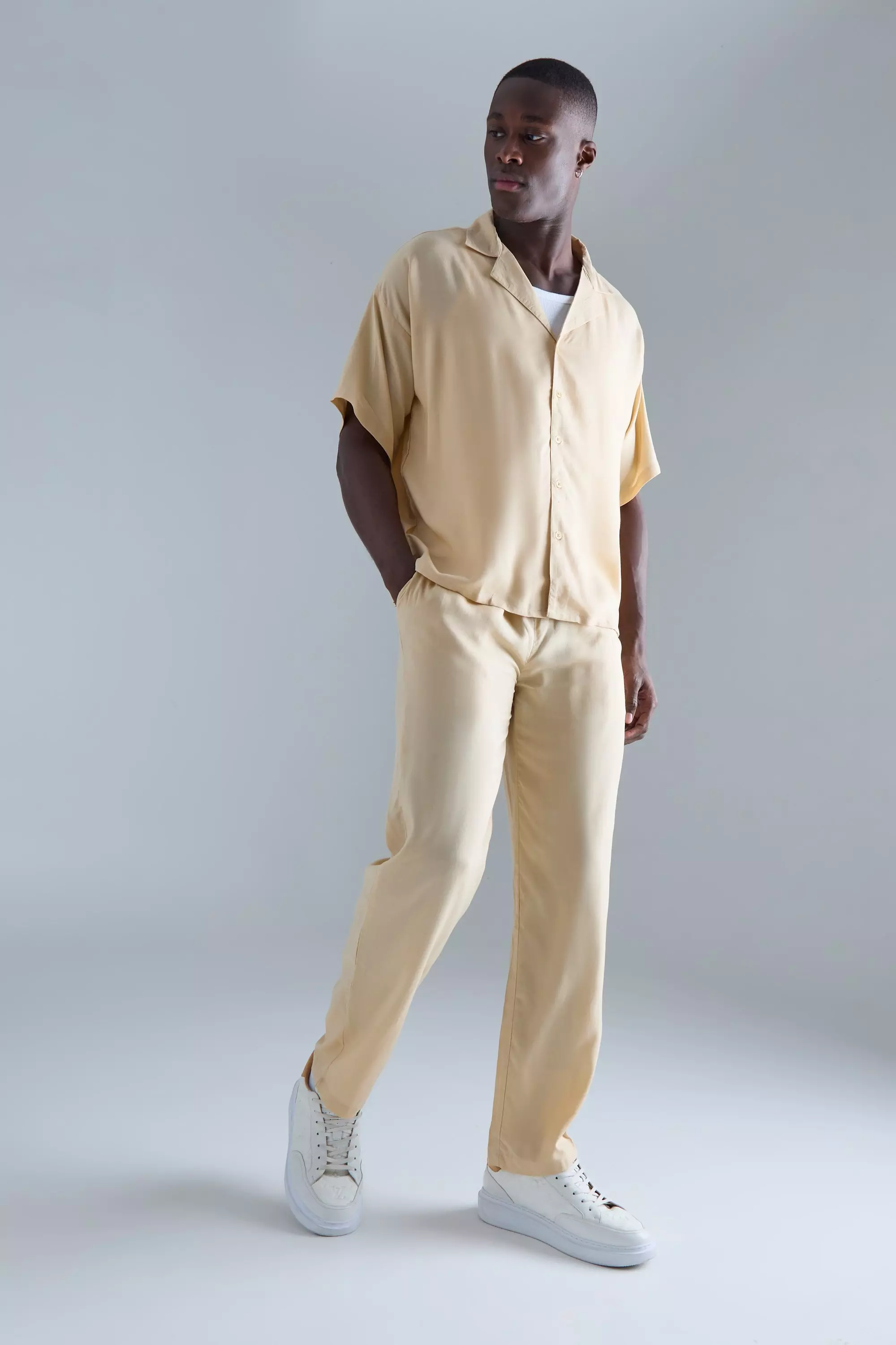 Taupe Beige Plain Viscose Boxy Shirt And Trouser