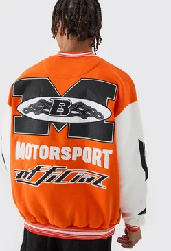 Orange Oversized Moto Applique Jersey Bomber Jacket