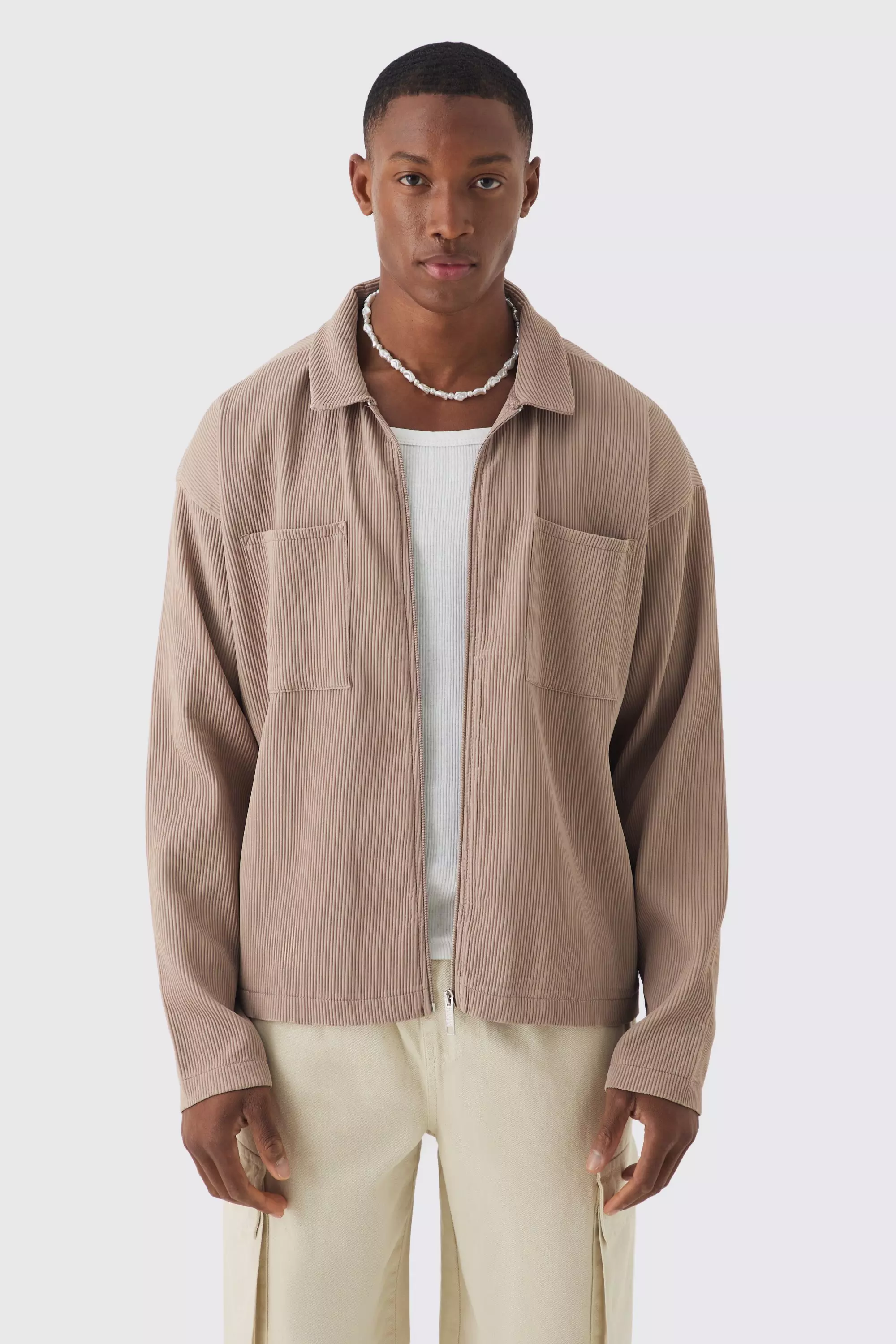 Pleated Boxy Zip Through Collared Shirt Mocha