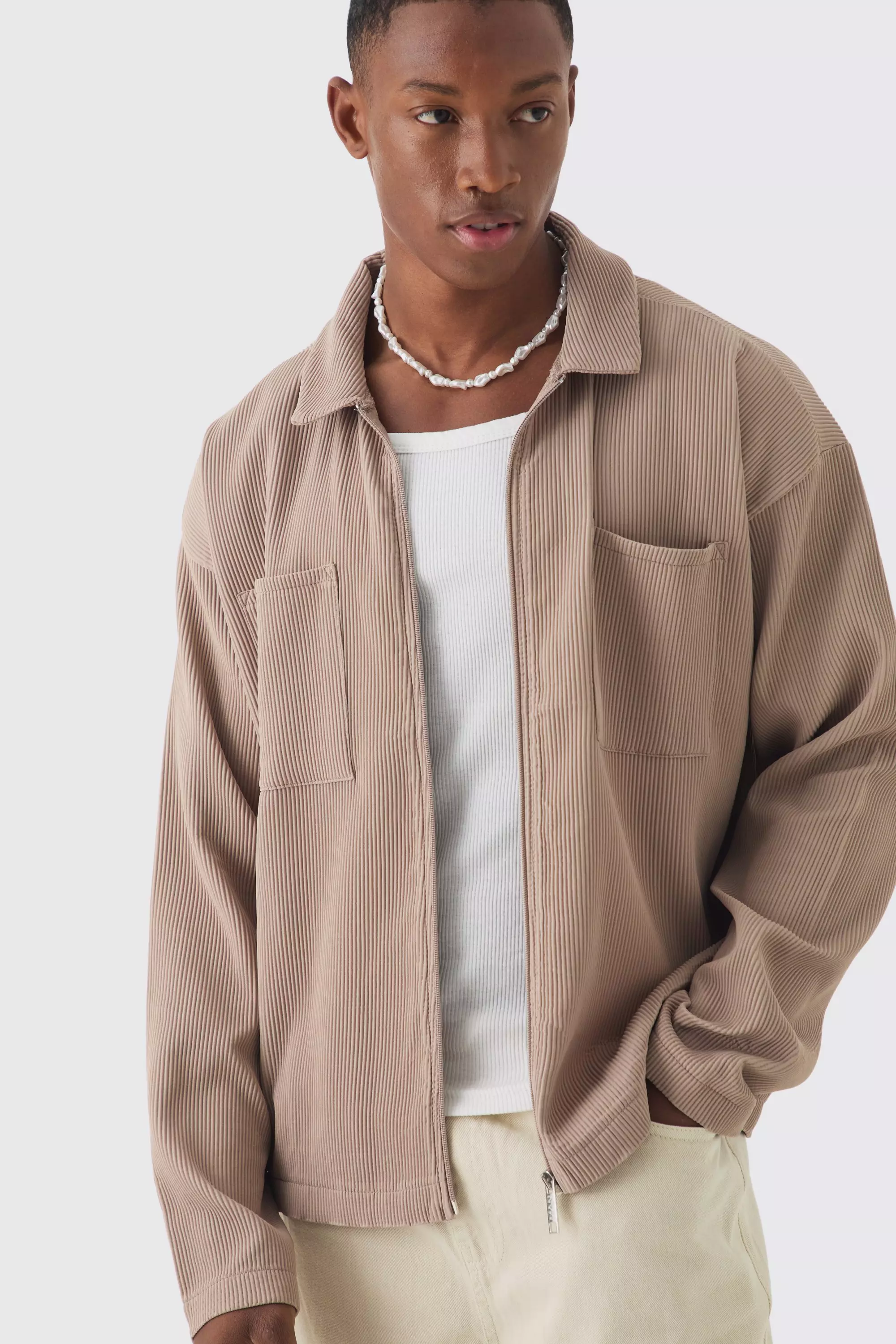 Mocha Pleated Boxy Zip Through Collared Shirt alternative image