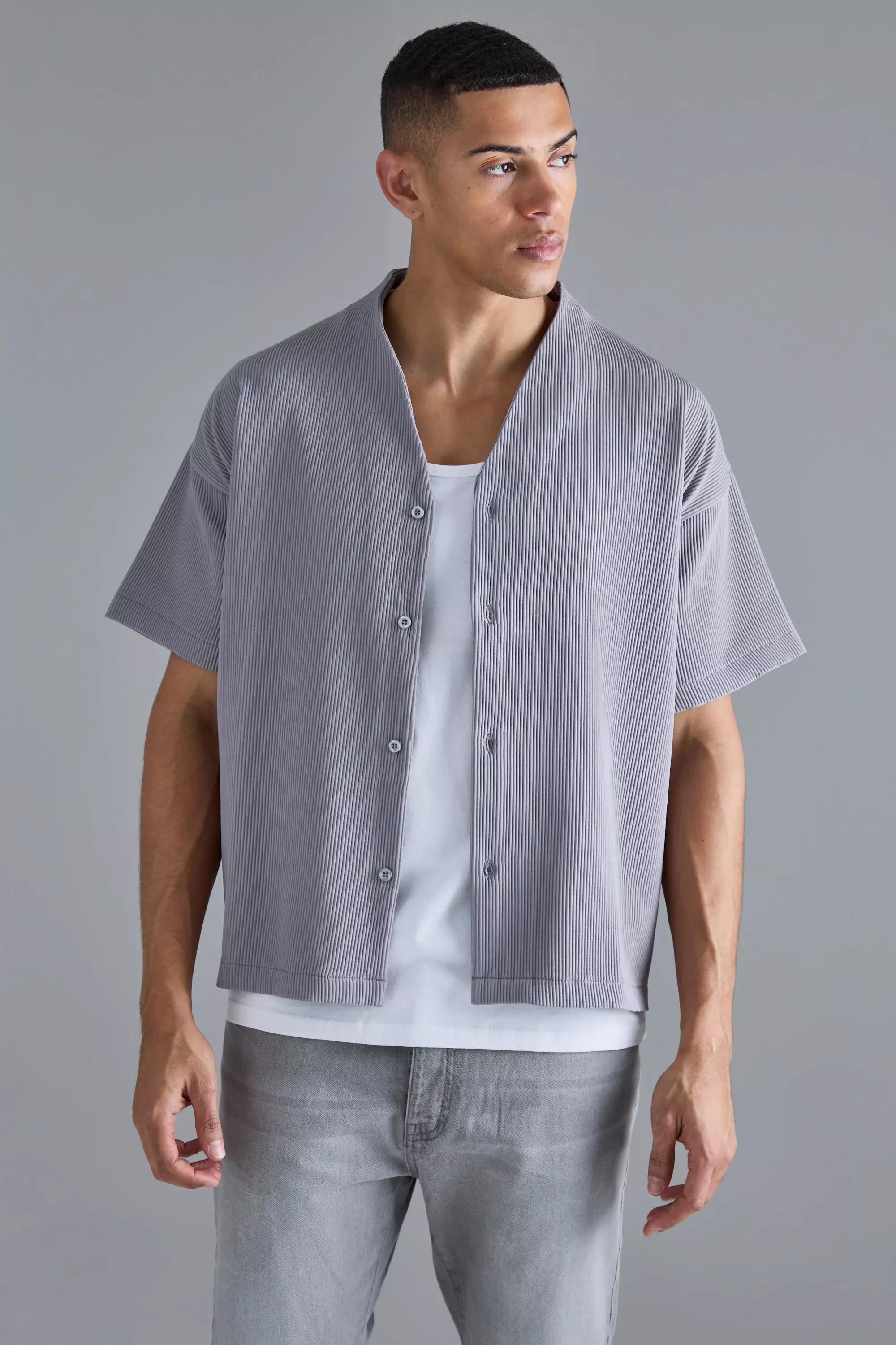 Pleated Boxy Short Sleeve Shirt Grey