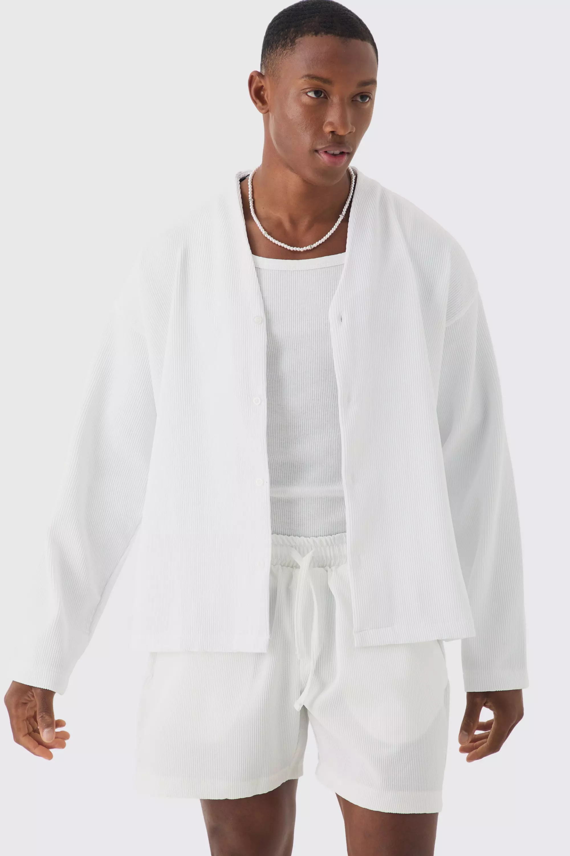 Pleated Boxy Long Sleeve Shirt White