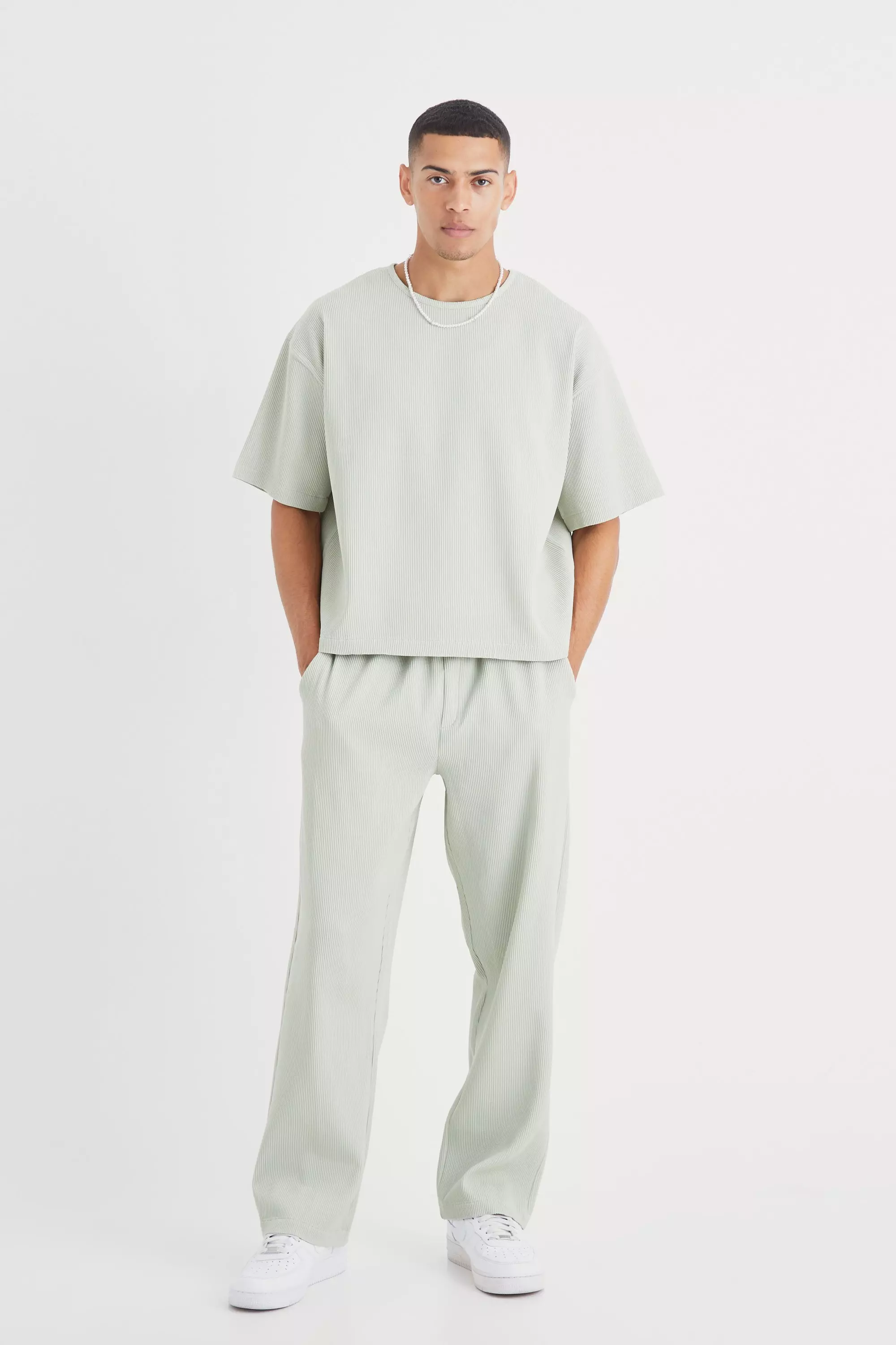 Sage Green Pleated Oversized Boxy T-shirt & Trouser