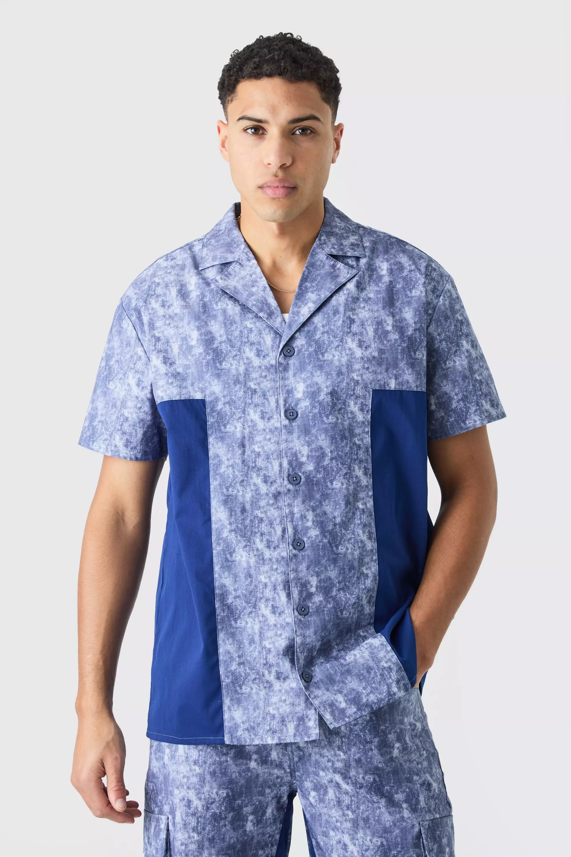 Denim-blue Camo Twill Short Sleeve Gusset Detail Shirt alternative image
