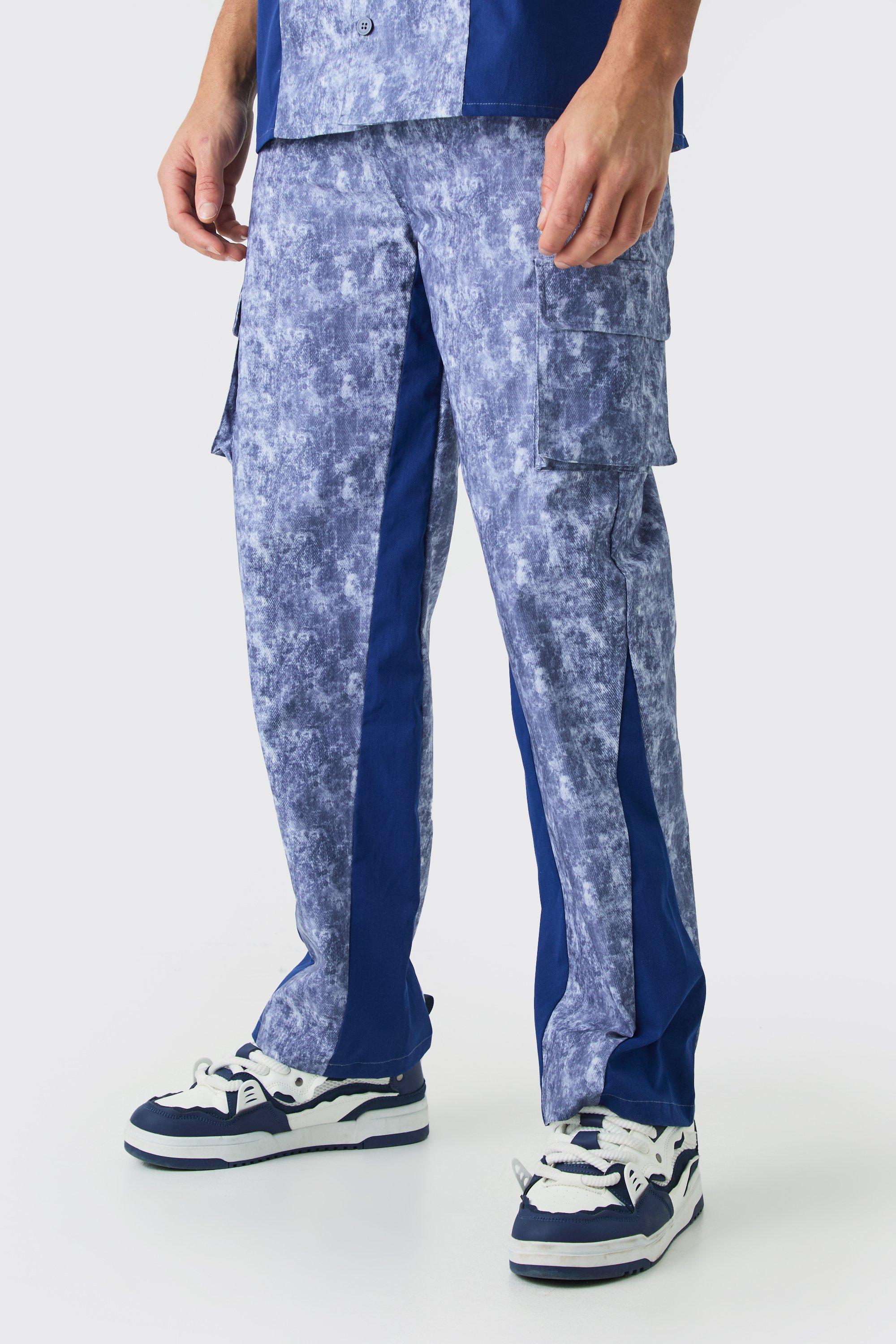 Denim-blue Baggy Camouflage Print Broek Met Tailleband En Gusset