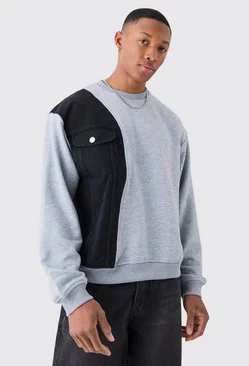 Oversized Boxy Spliced Jersey And Denim Sweater Washed black