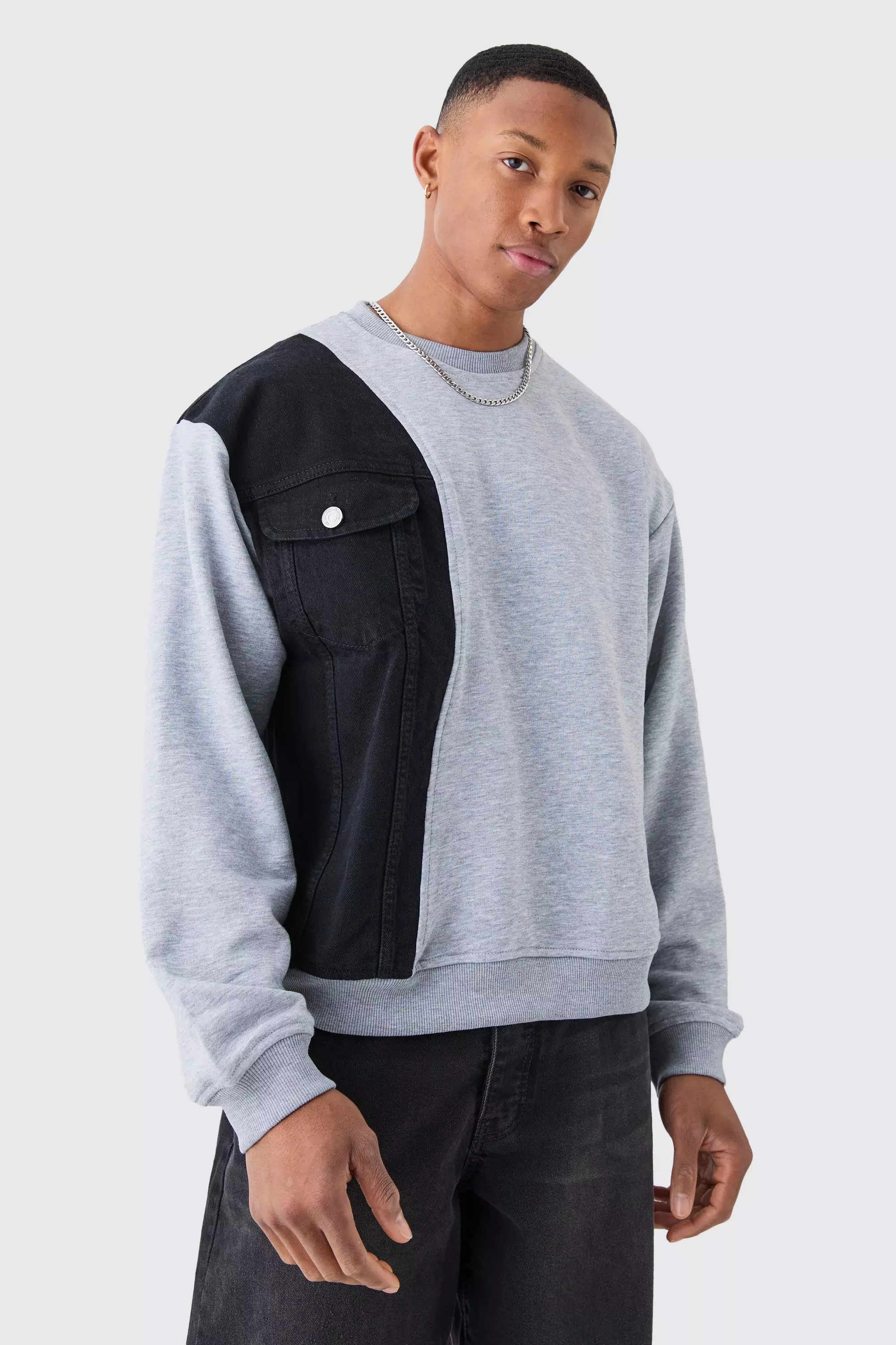 Ash Grey Oversized Boxy Spliced Jersey And Denim Sweater