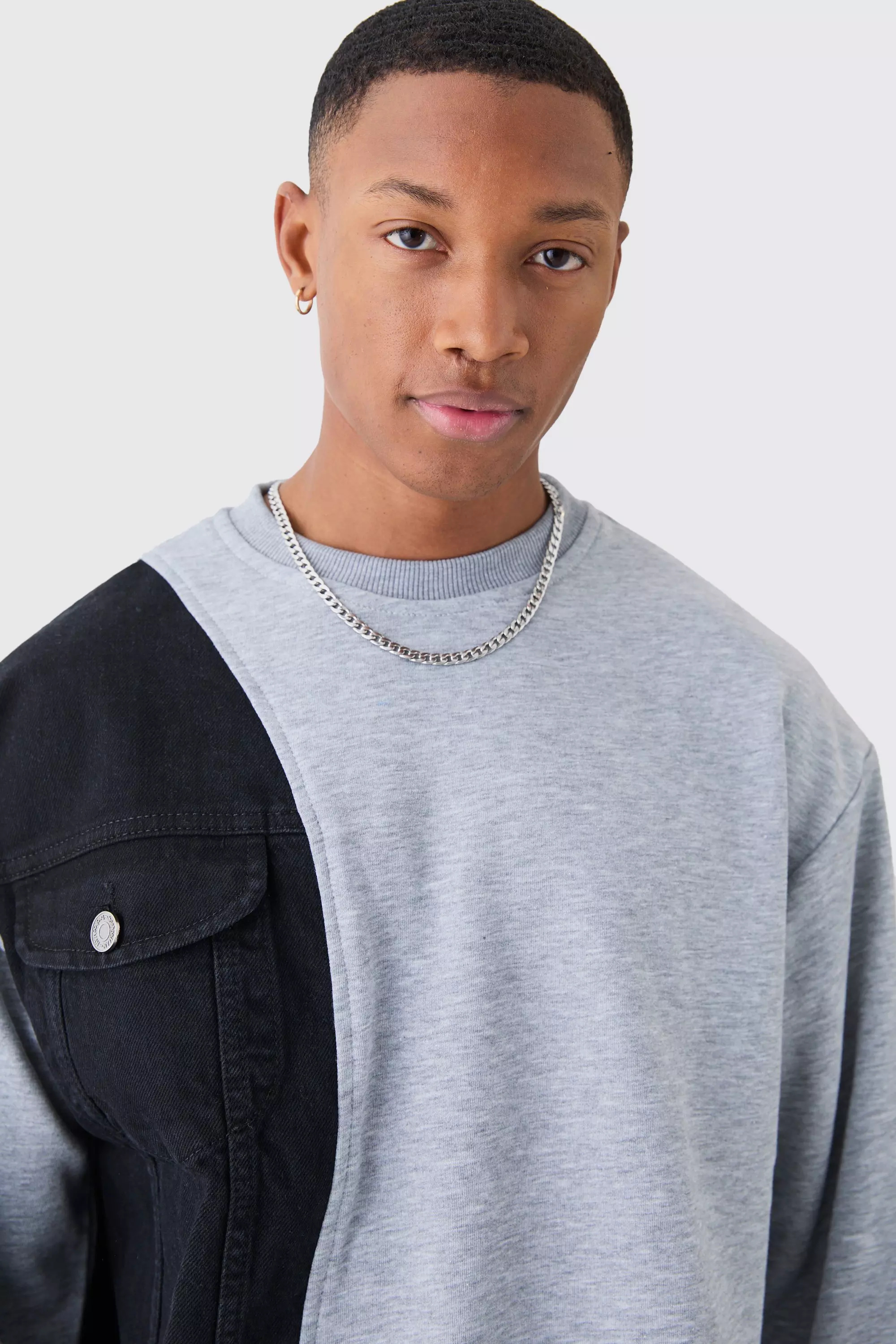 Washed black Oversized Gesplitste Boxy Jersey En Denim Trui alternatieve afbeelding