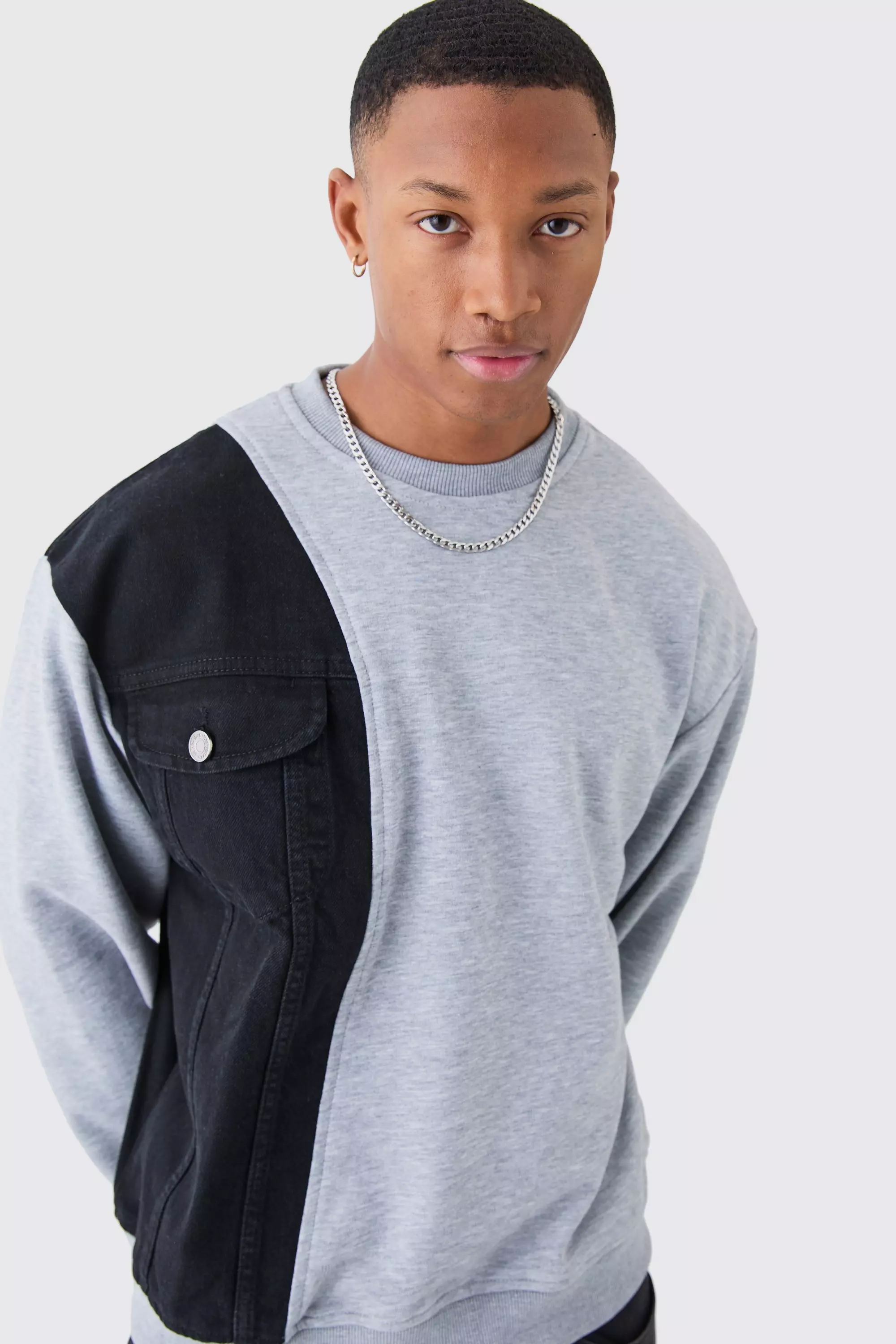 Washed black Oversized Gesplitste Boxy Jersey En Denim Trui alternatieve afbeelding