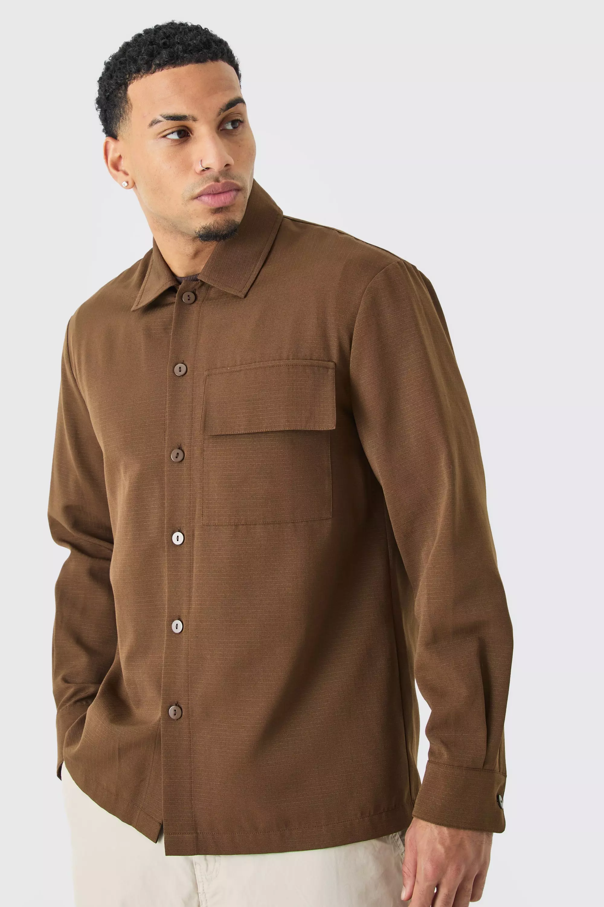 Chocolate Brown Regular Long Sleeve Ripstop Overshirt