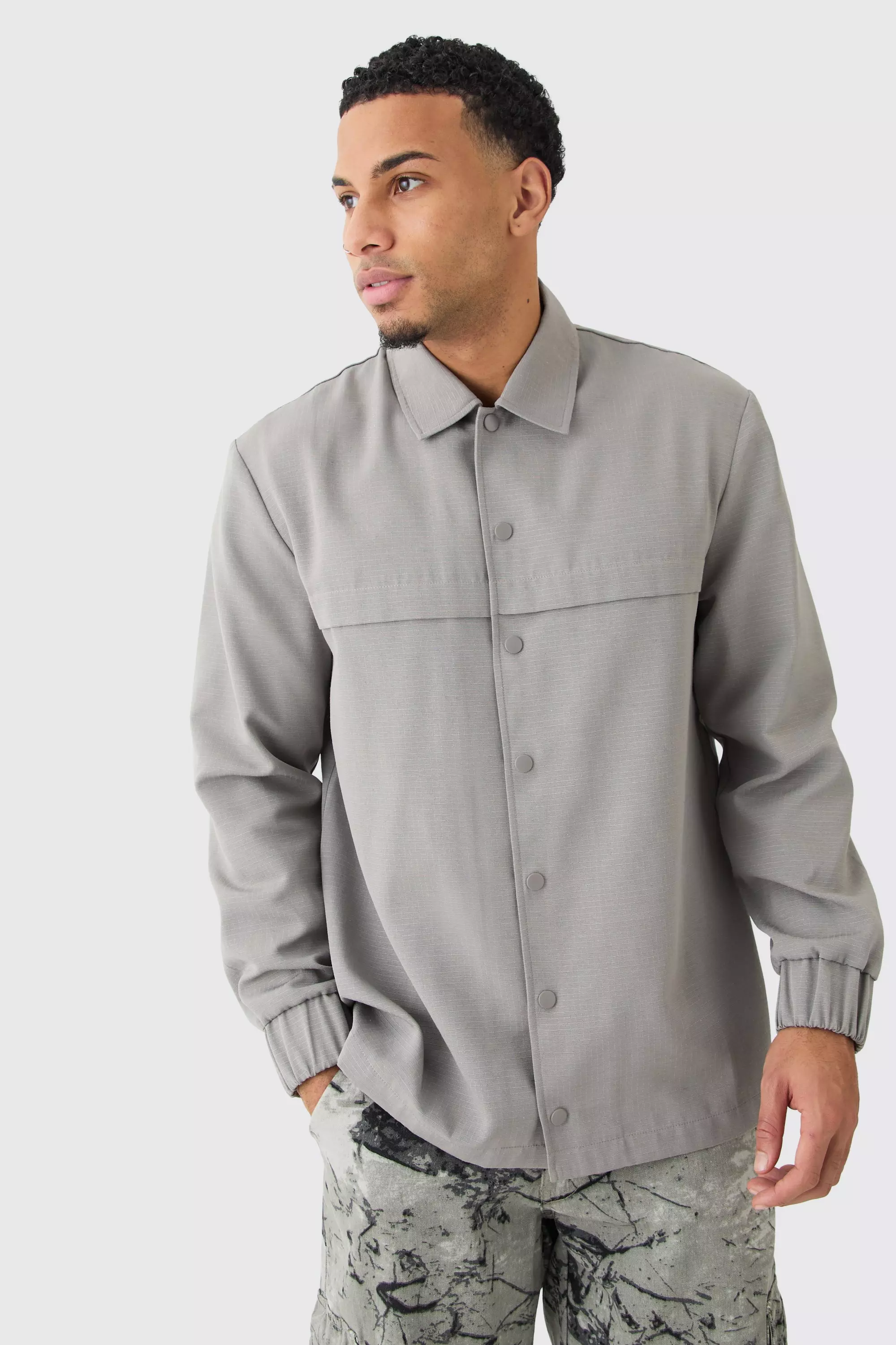 Grey Regular Long Sleeve Ripstop Popper Overshirt